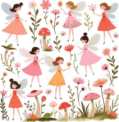 Enchanted Forest Fairy Pattern with Flowers and Mushrooms Seamless Background Design