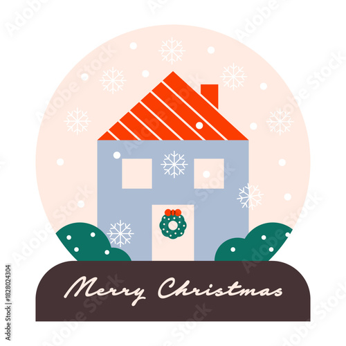 Christmas snowglobe. Magic winter holiday crystal ball with house falling snow and xmas landscape, new year retro transparent souvenir. Vector cartoon illustration