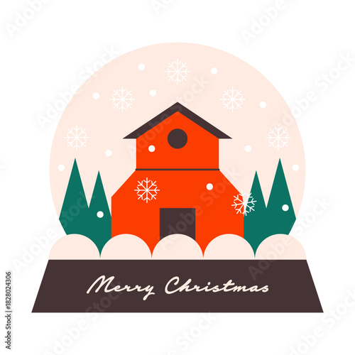 Christmas snowglobe. Magic winter holiday crystal ball with falling snow and xmas landscape and house, new year retro transparent souvenir. Vector cartoon illustration