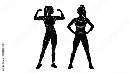 Strong fitness woman silhouette set showing muscular physique and confident pose