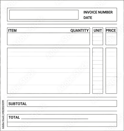 Blank invoice or receipt form template with fields for item description, quantity, unit price, and total value