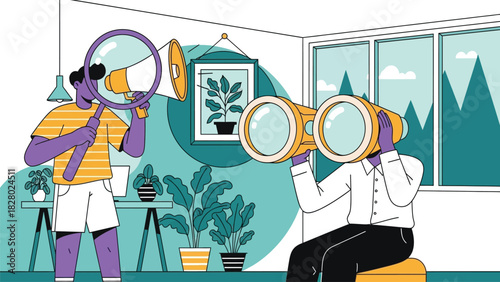 Business Research and Opportunity Seeking Vector Illustration with Characters Using Magnifying Glass and Binoculars