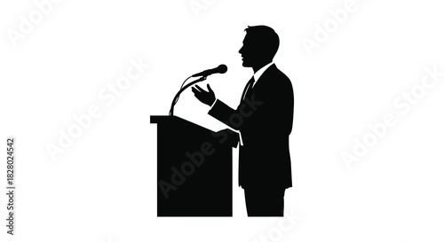 Public speaker giving speech at podium in silhouette style silhouette