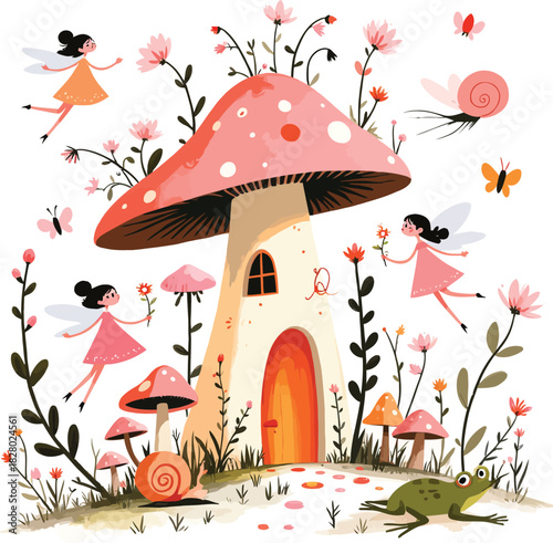 Enchanting mushroom house with fairies snails and frog illustration design