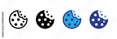 Set of four bitten cookie icons in different styles: outline, filled, blue, and navy blue, isolated on white background