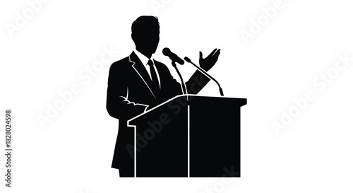 Speaker at podium delivering speech in silhouette style silhouette