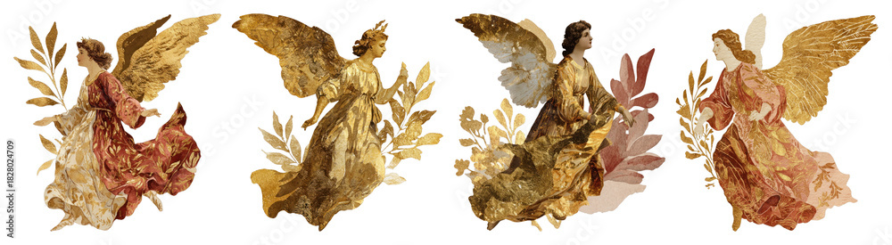 Fototapeta premium PNG Vintage angelic figures with wings, element set on transparent background