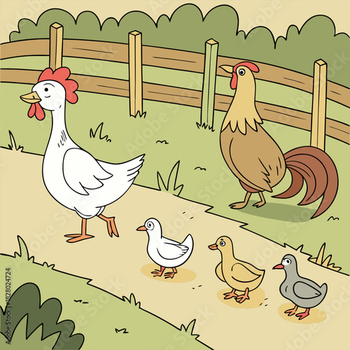 Closeup shot of a hen sitting on the grass with its chicken