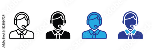 Customer service representative icon set with headset and tie in outline, solid, and color variations for professional communication and support themes.