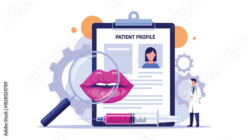 Lip Augmentation and Cosmetic Surgery Consultation. Doctor reviewing Patient Profile for Aesthetic Medicine Treatment Plan with Syringe, Magnifying Glass, and Pink Lips.