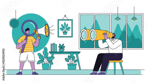 Business Strategy and Market Research Vector Illustration. People searching for opportunities using binoculars and magnifying glass while communicating with a megaphone