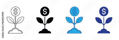 Financial growth concept icon: a plant with dollar coin growing from soil, stylized in outline, solid black, blue, and navy