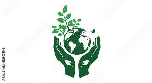 Hands holding earth with growing plant and bird silhouette
