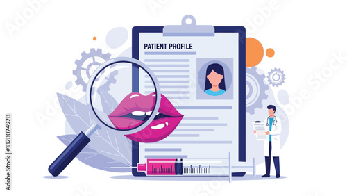 Cosmetic Lip Augmentation Procedure Planning. Doctor Reviewing Patient Profile for Lip Filler Treatment and Beauty Injections