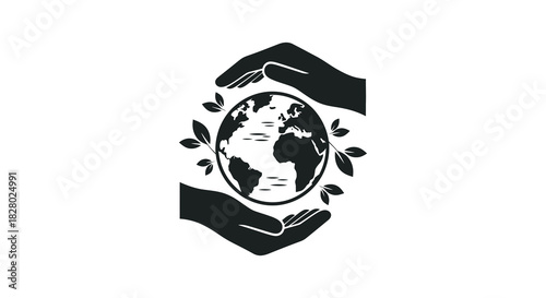 Hands protecting the earth with leaves in silhouette style silhouette