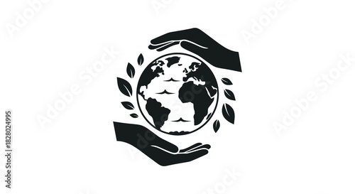Hands protecting earth with leaves in a silhouette style silhouette