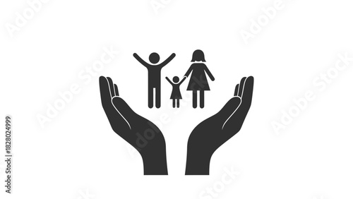 Family Protection Icon: Hands Cupping and Protecting Parent and Child Figures. Social Security, Insurance, and Care Symbol Vector Illustration.