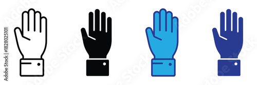 Collection of stylized hand icons showing open palm, stop gesture, and different graphic styles including outline, silhouette, and flat design.