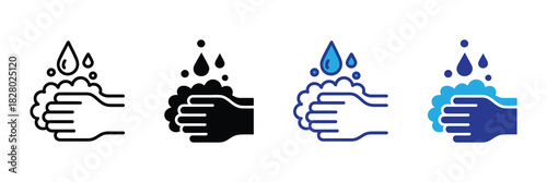 Set of four icons illustrating hand washing with soap and water, emphasizing hygiene and cleanliness in various styles.