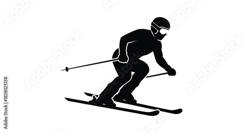 Skier in action dynamic downhill skiing black and white silhouette