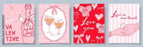 A set of Valentines Day cards. Modern design in a trendy retro hand-drawn doodle style champagne bottles, glasses, whimsical bows, hearts. Soft pink tones in banner, poster, cover, templates