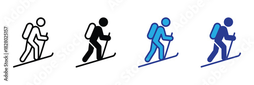 Set of four ski icon variations: outline, filled black, and two shades of blue, depicting a skier with a backpack and poles going downhill