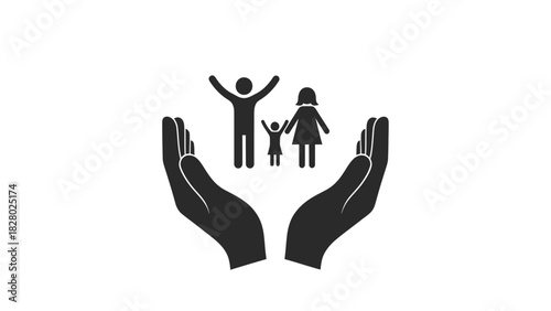 Family Protection and Care Icon. Hands Cupping and Supporting Parents and Child. Symbolizing Family Insurance, Security, and Social Welfare Vector Illustration.