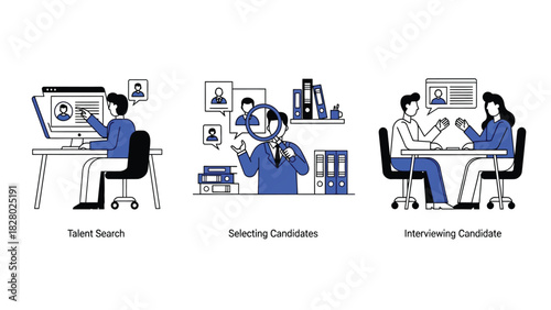 Recruitment Process Stages Illustration: Talent Search, Candidate Selection, and Job Interview Steps