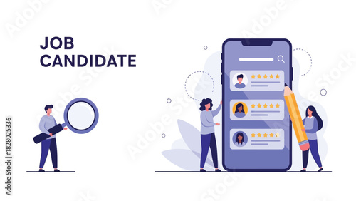 Job Candidate Selection and Review Process. Vector illustration of recruiters searching and evaluating candidates' profiles on a mobile app with ratings and stars.