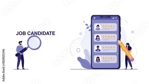 Job Candidate Search and Online Recruitment Process. Illustration of HR Managers Evaluating Employee Profiles and Ratings on a Mobile App.