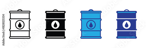 Collection of four stylized oil barrel icons, showcasing a range of designs from simple outline to solid fill and color variations, all featuring an oil drop symbol. 111