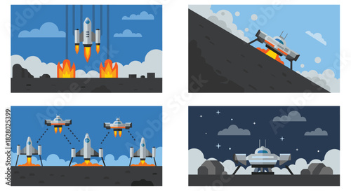 Pixel art compositions of various spacecraft operations, including vertical launch, landing, and deployment on a planetary surface.