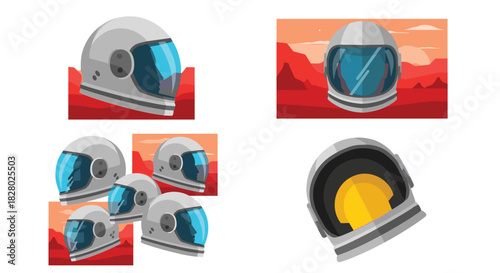 A set of four illustrations focused on an astronaut's helmet, shown from different angles and against a Martian landscape.