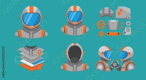 A detailed set of six illustrations showing the components, layers, and assembly of a modern orange and grey spacesuit.