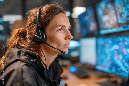Emergency service operator working diligently at computer station during nighttime in a busy call center