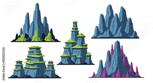 A collection of five isolated illustrations showing fantastical and stylized rock formations, suitable for a fantasy or alien world.
