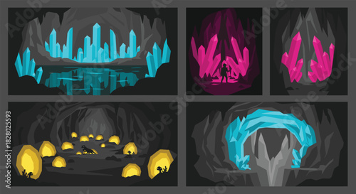 A collection of five illustrations of dark caves illuminated by glowing crystals of various colors and piles of golden treasure.