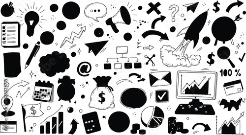 Hand drawn business and startup icons in black and white for presentations and web design projects