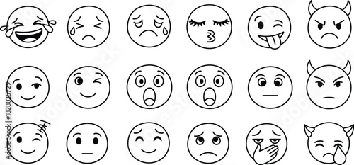 Collection of hand drawn cartoon faces expressing various emotions in a simple black and white style