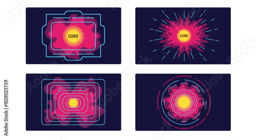 Abstract illustrations of a central core with radiating energy, contained within geometric shields and showing explosive power.