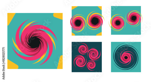 Set of stylized spiral galaxy and black hole illustrations using vibrant pink, yellow, and teal with a paint brush texture.