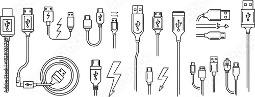 Various usb connector types and adapters in a minimalist black and white line art style