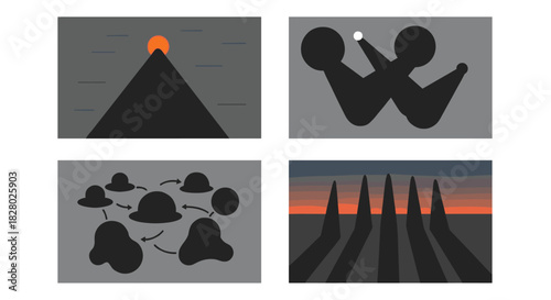 Set of four abstract and minimalist illustrations featuring shapes, mountains, and conceptual diagrams in a monochrome palette.