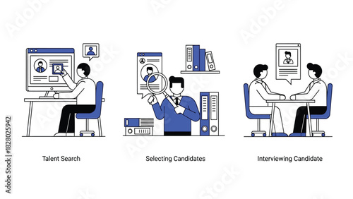 HR Recruitment Process Icons Set. Talent Search, Candidate Selection, and Interviewing Stages