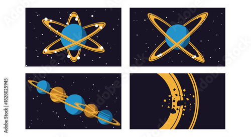 Four compositions illustrating planetary systems, including atomic-like orbits, planetary alignments, and a shattered planetary ring.