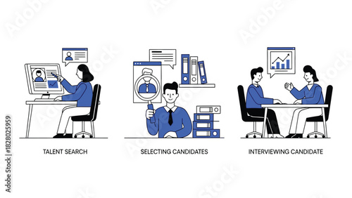 Human Resources Recruitment Process Vector Illustration Set: Talent Search, Candidate Selection, and Interviewing Stages