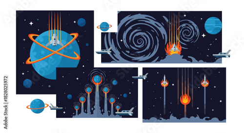 Collection of dynamic space scenes showing rocket ships launching, flying through wormholes, and burning up on re-entry.