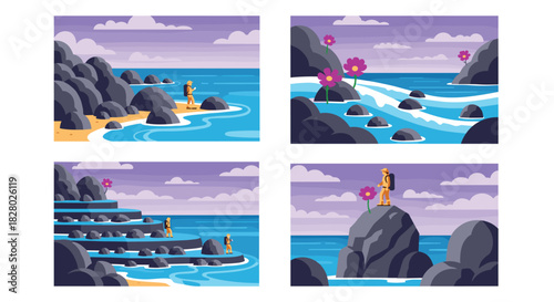 A collection of coastal scenes with a hiker exploring rocky shores, cliffs with flowers, and enjoying the ocean view.