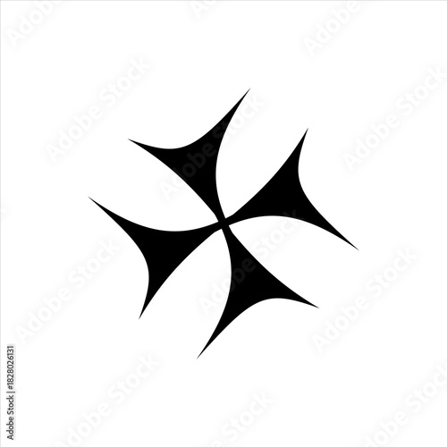 A stylized black cross symbol with pointed, curved arms on a white background, resembling a Maltese cross.