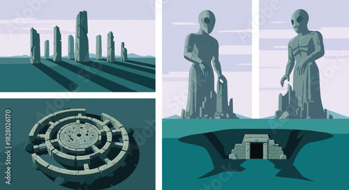 Mysterious ancient alien ruins, including large statues, a stone labyrinth, monolithic structures, and a subterranean entrance.